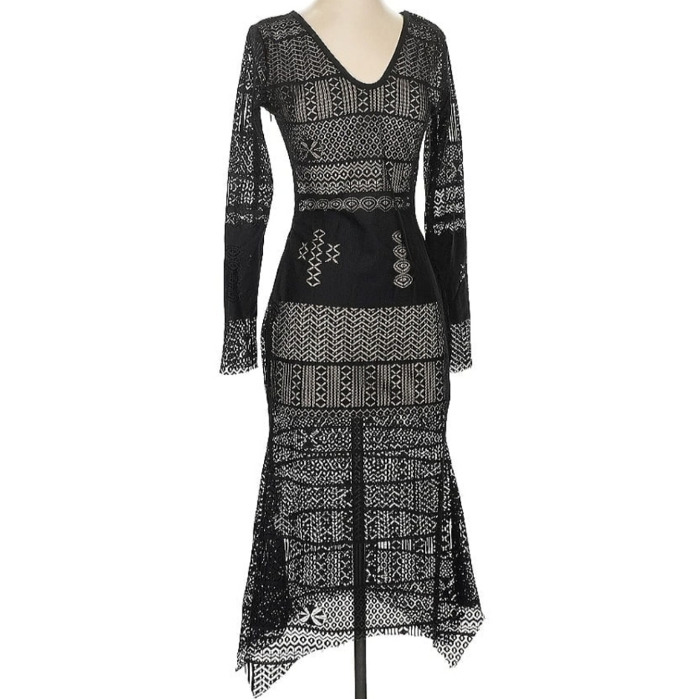 Gothic Asymmetric Black Lace Cross design long sleeve maxi dress Witchy_Small